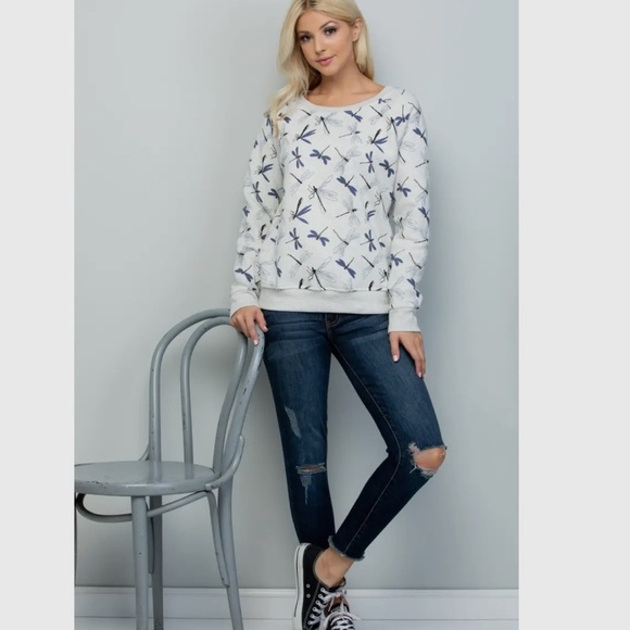 New nwt White and Blue Dragonfly Print fleece crew sweatshirt S-XL - Picture 1 of 4